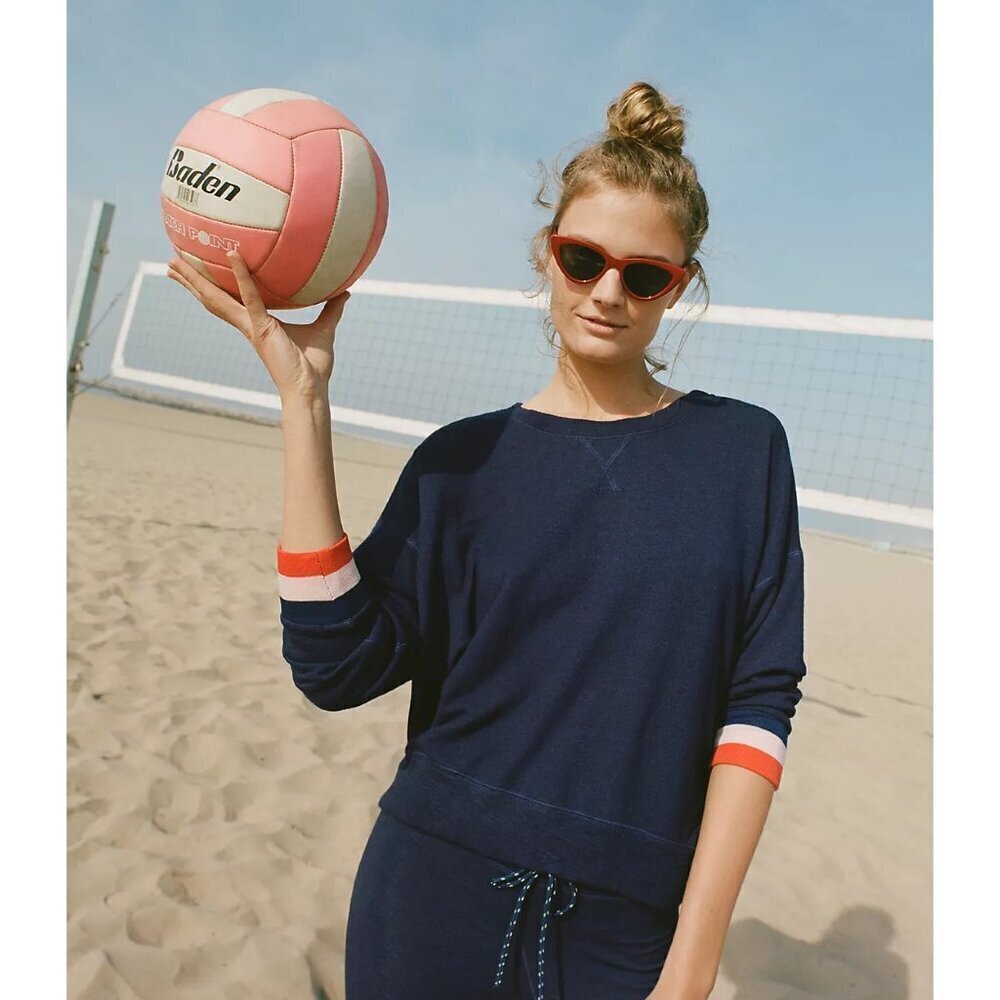 Anthropologie Sundry Navy Blue Striped Cuff Crew Neck Sweatshirt